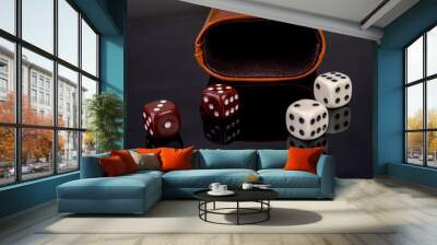 Dice with dice cup on black background Wall mural