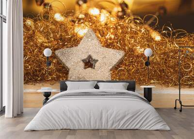 romatic warm orange light with golden glitter and silver star and text space Wall mural