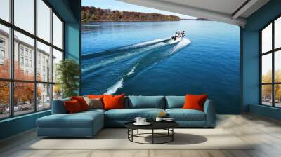 Aerial view of a motorboat sailing in the sea near the shore on a sunny day Wall mural