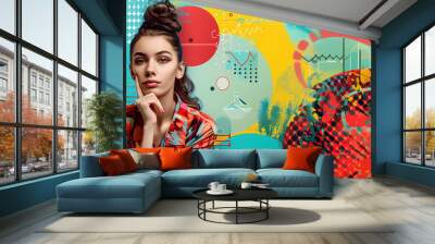 A Woman in Casual Attire with Her Hand on Chin and Colorful Abstract Background - Contemporary Portrait Wall mural