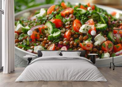 Refreshing Lentil Salad with Tomatoes, Cucumbers, Red Onion, Feta, and Fresh Herbs Wall mural