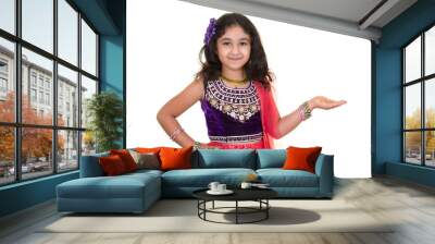 Portrait of a Little Girl in Indian Dance Pose, Isolated, White Wall mural