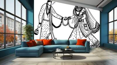 Indian Groom and Bride Black and White coloring page Wall mural