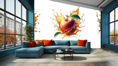 Set of apple in juice splash in air, illustration, isolated over on transparent white background Wall mural