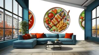 Set of Bar B Q Fish Fries with Sauce on a plates, illustration, isolated over on transparent white background Wall mural