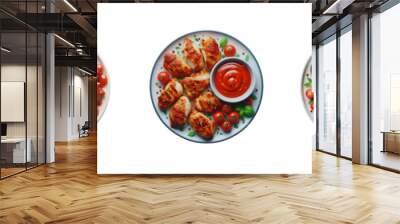 Set of delicious Bar B Q Chicken pieces with tomato sauce in a plate, top view, illustration, isolated over on transparent white background Wall mural