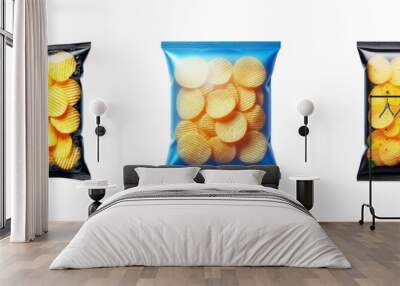 Set of pack of potato chips in transparent Packaging, isolated over on transparent white background Wall mural