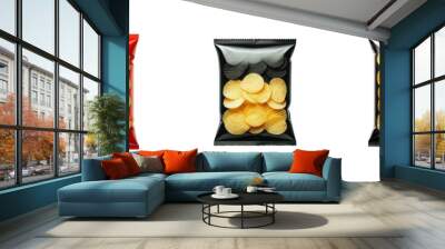 Set of pack of potato chips in transparent Packaging, isolated over on transparent white background Wall mural