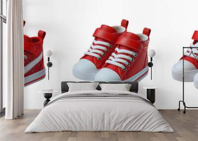 Set of Three pair of new red toddler sneakers with white laces, isolated over on transparent white background Wall mural