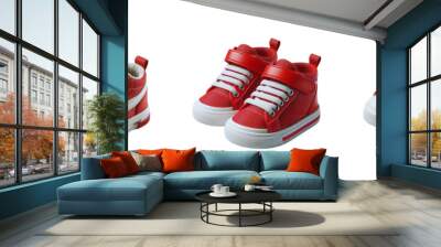 Set of Three pair of new red toddler sneakers with white laces, isolated over on transparent white background Wall mural