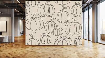 Continuous line seamless pumpkin pattern. Line art fall background. Autumn vector illustration Wall mural