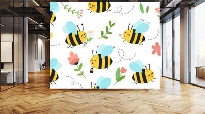 Cute seamless cartoon bee pattern with daisy, tulips, flowers and green leaves. Summer floral background with flat style bees for prints, cards, poster, nursery, baby shower, Vector illustration Wall mural