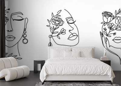 Elegant women's faces in one line art style with flowers.Continuous line art in minimalistic style for prints, tattoos, posters, textile, cards etc. Beautiful female fashion face Vector illustration Wall mural