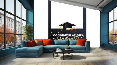 Graduation photo frame with university or high school cap and diploma scroll. Class of 2022 elegant design for grad party, selfie, photo zone, album etc. Photo booth prop Vector illustration. Wall mural