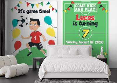 Kids football birthday party invitation vector illustration. Game and win. Place and time information flat style. Come kick and play. Fun soccer and childhood concept Wall mural