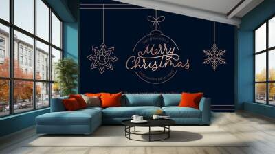 Merry Christmas and Happy New Year elegant banner template vector illustration. Postcard with frame line decorated by Xmas ball and snowflake symbol. Greeting card with wishes Wall mural