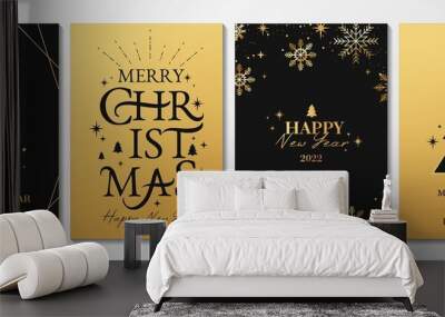 Merry Christmas typography greeting card set. Luxury New Year backgrounds for social media,banner, invitation with linear snowflakes, lettering, Christmas tree. Trendy Xmas design vector illustration. Wall mural