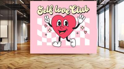 Self-love Club groovy style vector illustration with Trippy Grid background. Trendy 70s style print with cute cartoon heart character and lettering. Motivational girly print. Hippie 80s flat style art Wall mural