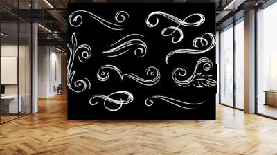 Set of chalkboard style flourish elements. Modern chalk effect flourish elements for invitations, wedding, birthday isolated on black background. Vector illustration. Wall mural