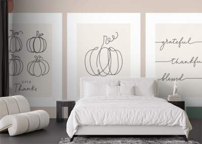 Thanksgiving greeting cards and invitations set with one line art pumpkins vector illustration Wall mural