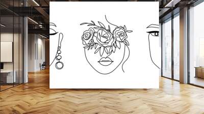 Women' faces in one line art style with flowers and leaves.Continuous line art in elegant style for prints, tattoos, posters, textile, cards etc. Beautiful woman face Vector illustration Wall mural