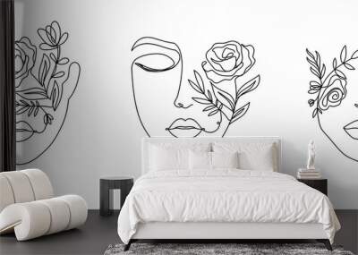 Women's faces in one line art style with flowers and leaves.Continuous line art in elegant style for prints, tattoos, posters, textile, cards etc. Beautiful women face Vector illustration Wall mural