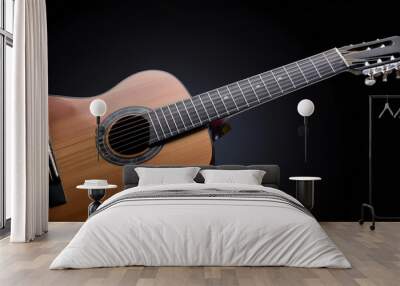 Guitar with Detailed Strings on Black Wall mural