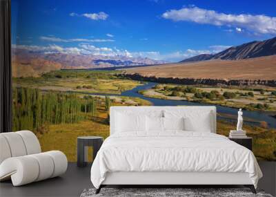 Aerial view of Leh City, green landscape with ice peaks , blue sky with clouds in background , Ladakh, Jammu and Kashmir, India Wall mural