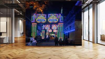 Decorated and illuminated street during Durga puja festival night. Wall mural