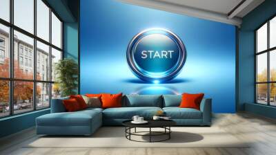 Blue shiny  Start button on a blue background, minimal creative restart concept Wall mural