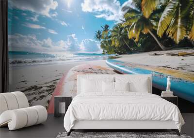 Surfboards on a tropical beach with palm trees and blue sky, minimal summer joy concept Wall mural