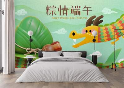 3D zongzi and dragon on mountain background with clouds. Text: Dragon Boat Festive Sentiments Wall mural