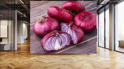 red onions on rustic wood Wall mural