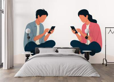 Illustration of two young people using mobile phone sitting on the floor. Wall mural