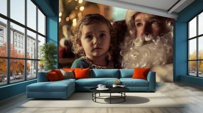 Santa Claus Visit. A child sitting on Santa’s lap, with eyes wide in wonder Wall mural