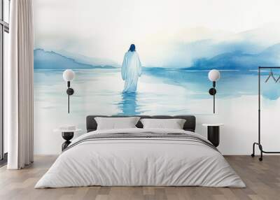 Watercolor illustration of Jesus walking on water Wall mural