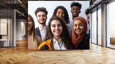 World Youth Skills Day. A group of young professionals working together in an office, set against a white background Wall mural