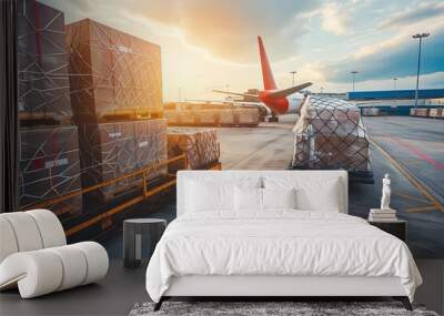 Loading air cargo containers onto modern freighter jet aircraft for shipment preparation at airport Wall mural