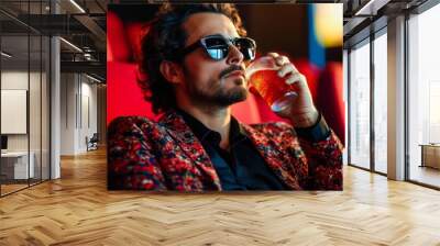 Lonely man enjoying soda in 3d glasses at a movie premiere  a captivating cinematic portrait Wall mural