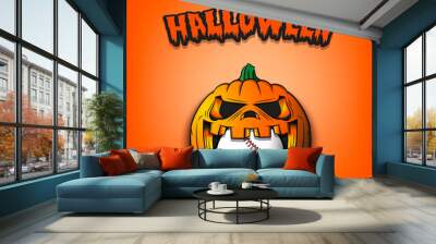 Happy Halloween. Baseball ball inside frightening pumpkin. The pumpkin swallowed the ball with burning eyes. Design template for banner, poster, greeting card, party invitation. Vector illustration Wall mural