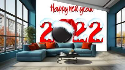 Happy new year. Snowy numbers 2022 with hockey puck in a Christmas hat. Original template design for greeting card, banner, poster. Vector illustration on isolated background Wall mural