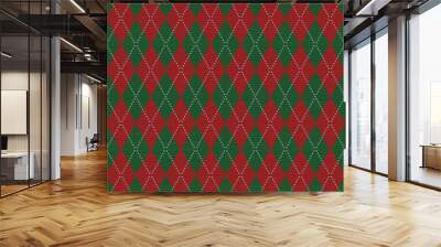 Knitted argyle Christmas and new year pattern. Wool knitinng. Scottish plaid in red and green rhombuses. Traditional  background of diamonds. Seamless fabric texture. Vector illustration Wall mural