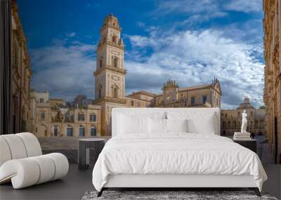 Panorama of Piazza del Duomo square , Campanile tower and Virgin Mary Cathedral ( Basilica di Santa Maria Assunta in Cielo ) , Caritas Diocesana in Lecce - Puglia, Italy. Baroque city of Apulia  Wall mural