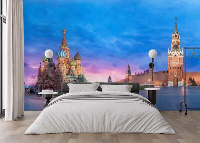 Sightseeing Of Moscow, Russia. Panoramic view of Moscow Kremlin and The Cathedral of Vasily the Blessed known as Saint Basil's Cathedral. Beautiful sunrise view of the russian capital city. Panorama Wall mural