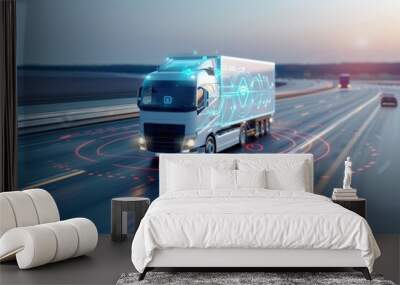 Autonomous Electric Van on Highway, a modern vehicle equipped with a technology assistant monitoring real-time data for efficient navigation and safety on the road Wall mural