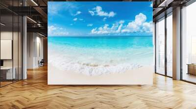 Maldives Paradise, idyllic sandy beach with pristine white sand, gentle turquoise waves, sunny skies adorned with fluffy white clouds, vibrant tropical landscape inviting relaxation. Wall mural