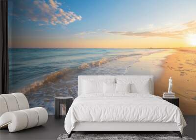 Serene Summer Beach Sunset, a tranquil scene of golden hues melting into the horizon, gentle waves lapping at the shore, creating a peaceful summer ambiance. Wall mural