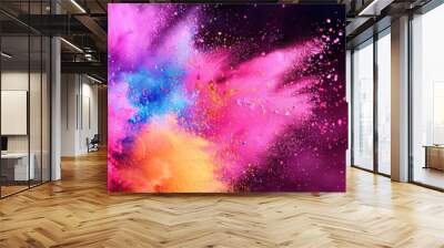 Vibrant Color Explosion, a dynamic display of colorful powder bursting in mid-air, set against an abstract backdrop, creating a striking visual with ample space for text. Wall mural