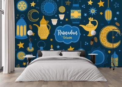 Ramadan design elements - lantern, star, moon, candle, cup, date fruit Wall mural