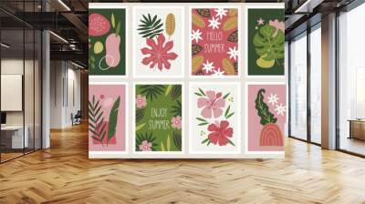 Tropical greeting cards with hibiscus, flowers, palm and monstera leaves Wall mural